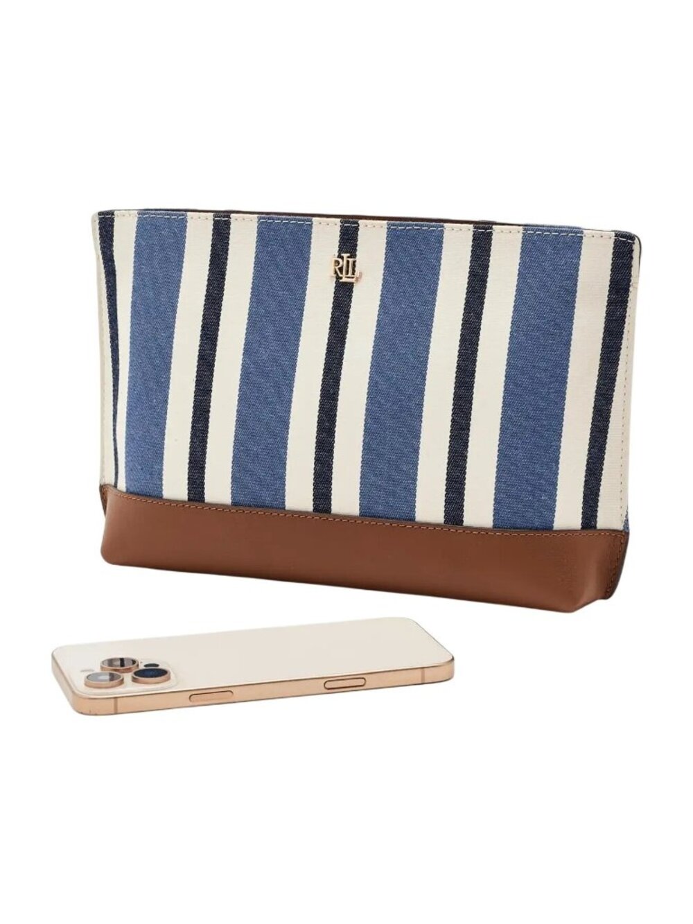 NWT Lauren Ralph Lauren Striped Canvas Leather Pouch Satchel Blue/Tan Size OS
